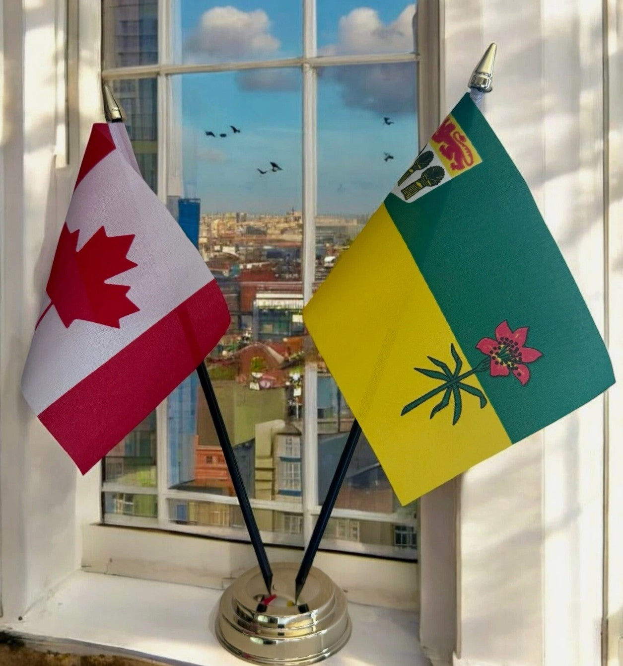 CANADA and SASKATCHEWAN TABLE FLAG SET 2 flags plus BASE 26cm tall