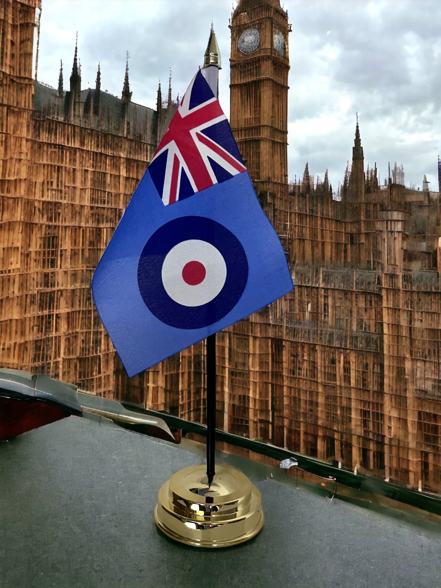 RAF ENSIGN TABLE FLAG with 1 hole base 15cm x 10cm Stands 25cm tall