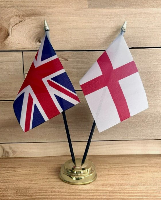 UNION JACK and ST GEORGE ENGLAND friendship table flag set with Golden base