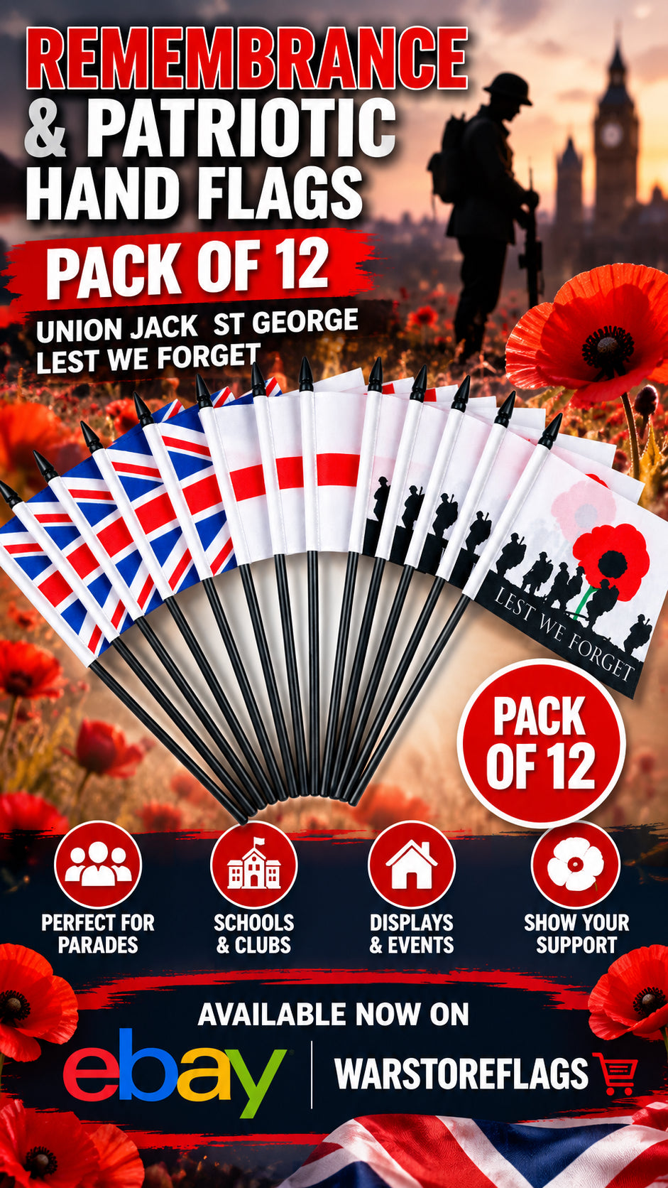 ENGLAND Lest we forget Union Jack Patriotic Flag pack of 12