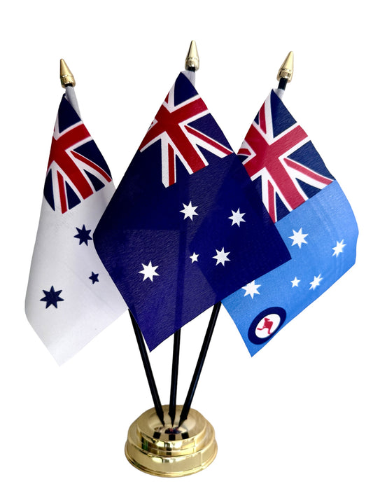AUSTRALIAN MILITARY TABLE FLAG SET of 3 flags and base RAAF Navy AUSTRALIA
