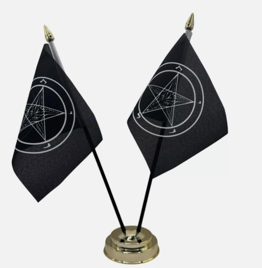 BAPHOMET Church of Satan GOTH DARKWAVE FLAG SET 2 flags plus BASE 26cm tall