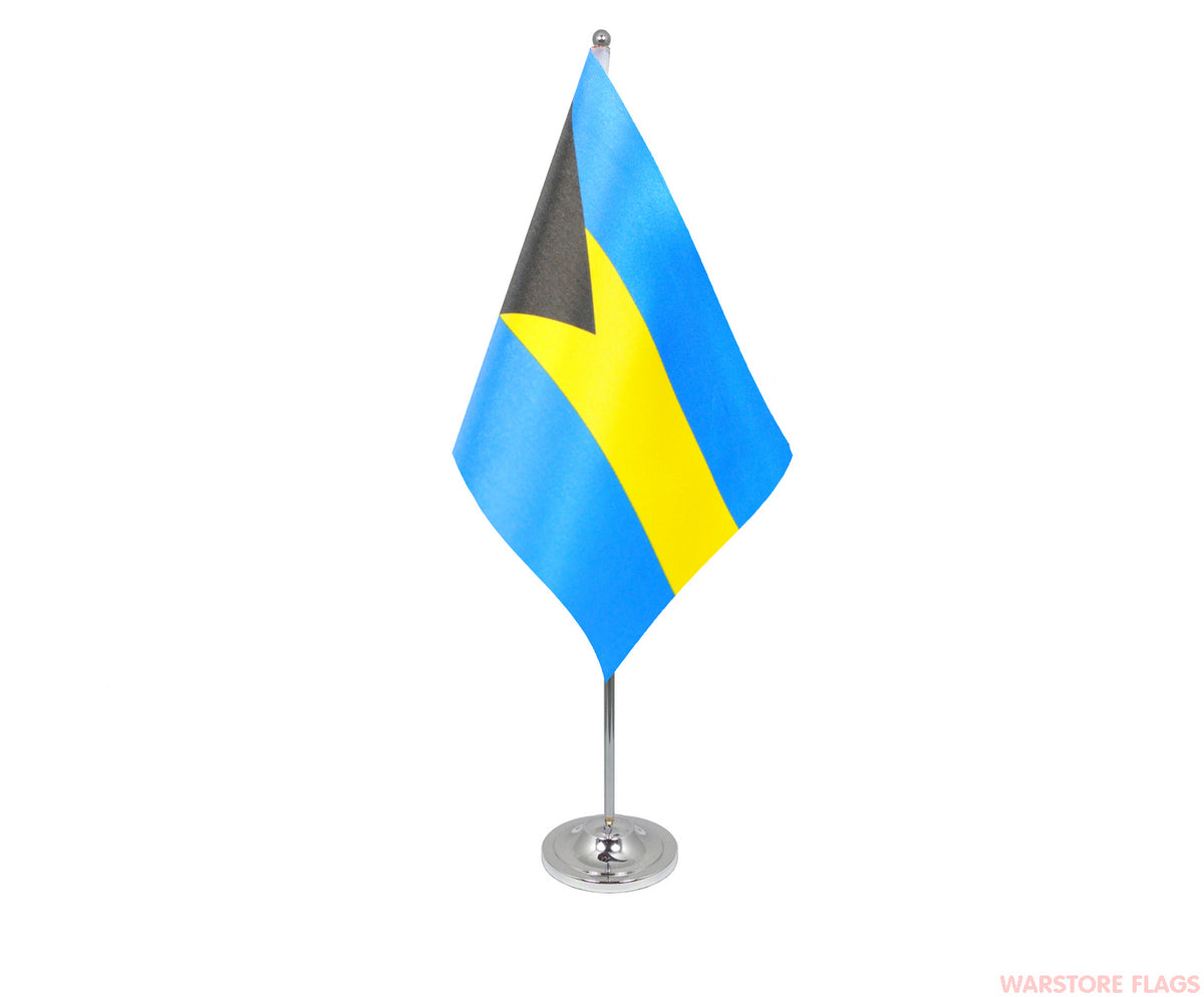 BAHAMAS DELUXE SATIN TABLE FLAG 9"X6" CHROME POLE & BASE Stands 15" CARIBBEAN