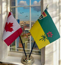 CANADA and SASKATCHEWAN TABLE FLAG SET 2 flags plus BASE 26cm tall