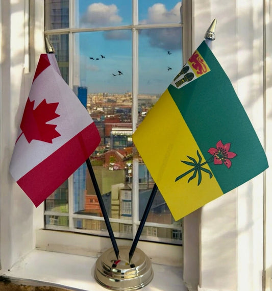 CANADA and SASKATCHEWAN TABLE FLAG SET 2 flags plus BASE 26cm tall
