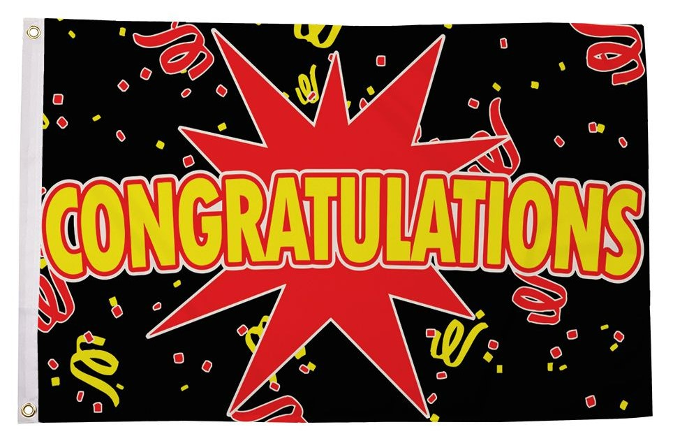CONGRATULATIONS black red star 5x3 feet FLAG 150cm x 90cm anniversary birthday