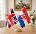 UNION JACK AND CROATIA TWIN TABLE FLAG SET with WOODEN BASE 9"X6" FLAGS