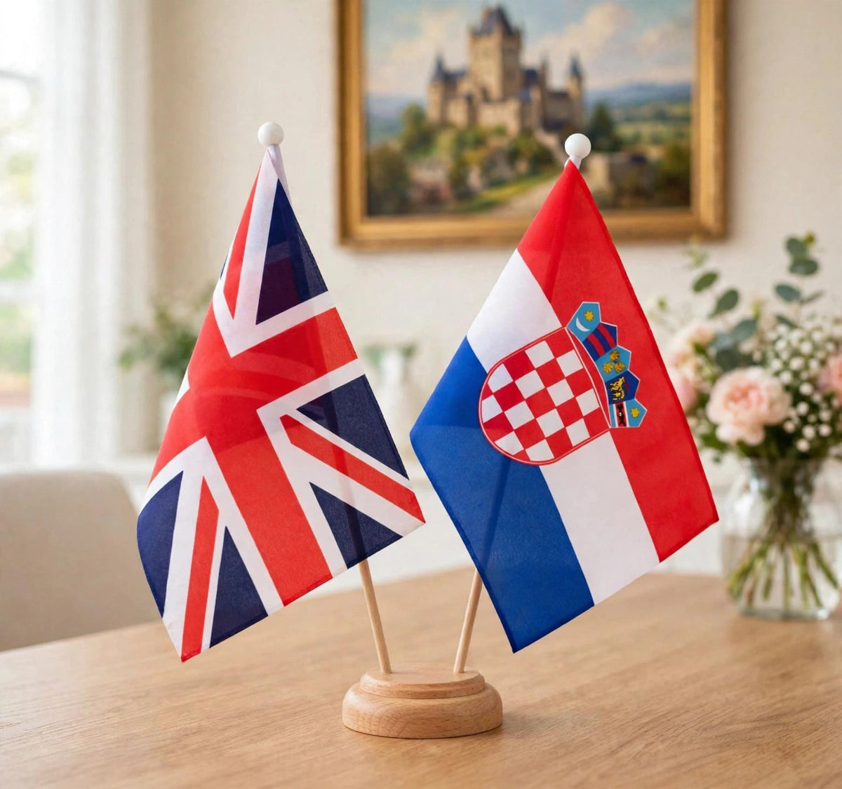 UNION JACK AND CROATIA TWIN TABLE FLAG SET with WOODEN BASE 9"X6" FLAGS