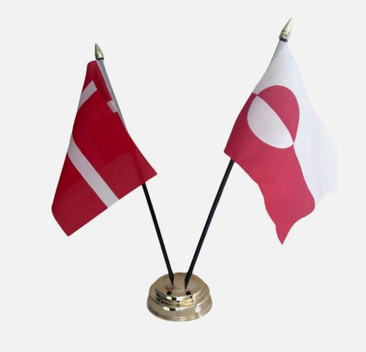 DENMARK and GREENLAND TABLE FLAG SET 2 flags plus BASE 26cm tall