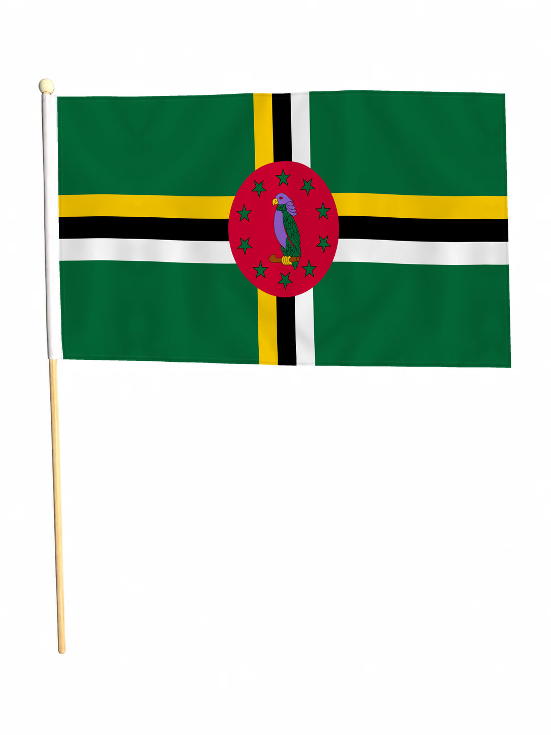 DOMINICA LARGE HANDWAVING FLAG 18" X 12" with 24" wooden pole flags CARIBBEAN