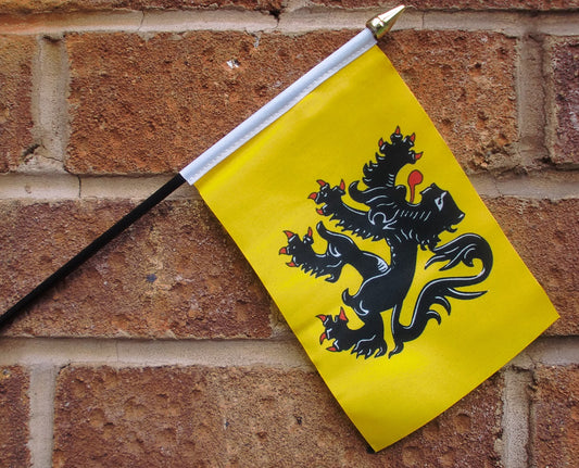 FLANDERS HAND WAVING FLAG small 6" x 4" with 10" pole FLEMISH BELGIUM BELGIAN