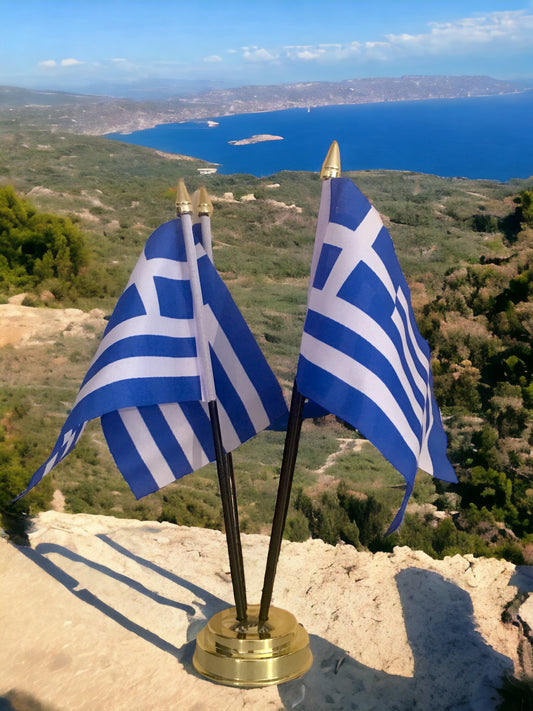 GREECE X3 TABLE FLAG SET 3 flags plus GOLDEN BASE GREEK