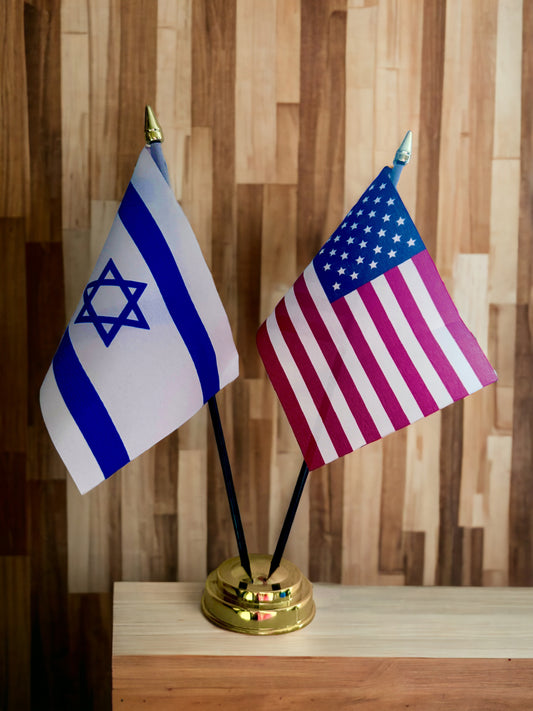 USA AND ISRAEL and TABLE FLAG SET 2 flags plus BASE 26cm tall United States