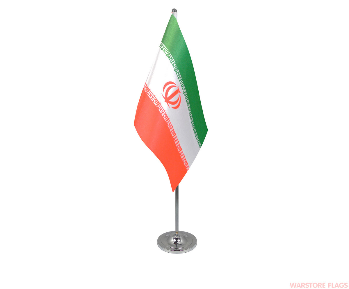 IRAN DELUXE SATIN TABLE FLAG 9"X6" CHROME POLE & BASE Stands 15" IRANIAN PERSIA