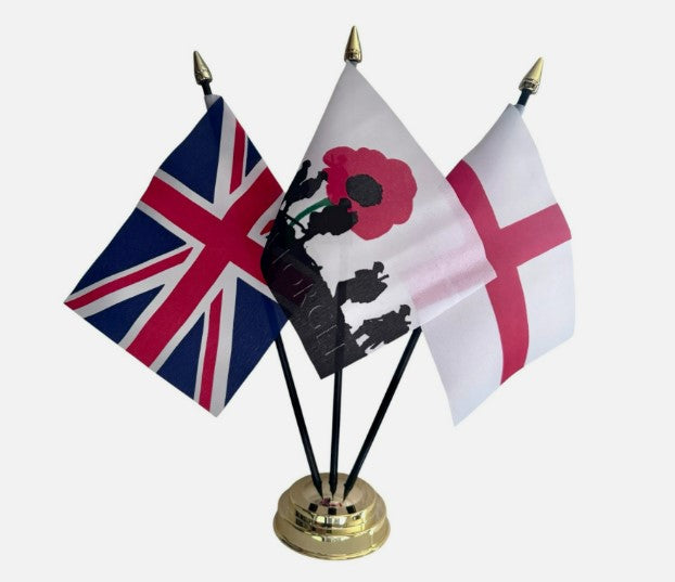 LEST WE FORGET and UNION JACK and ST GEORGE TABLE FLAG SET of 3 flags and base
