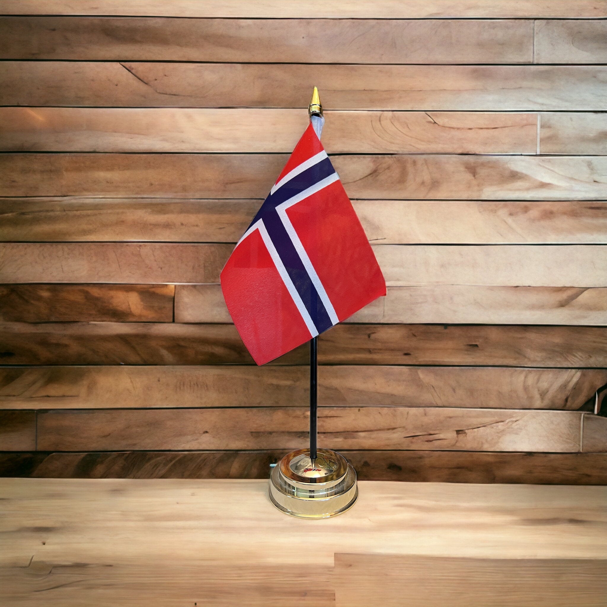 NORWAY TABLE FLAG with 1 hole golden base 15cm x 10cm Stands 25cm tall