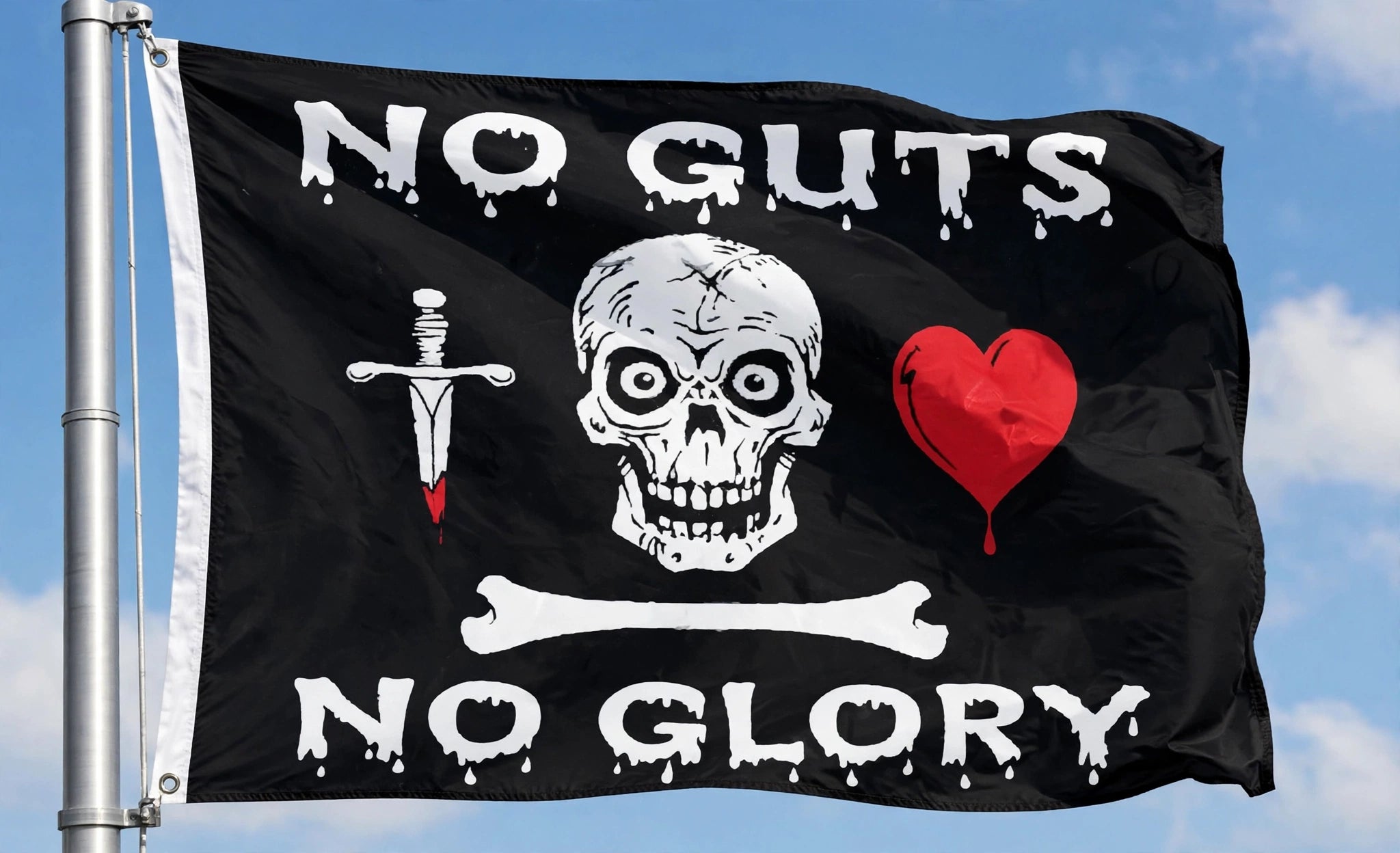 NO GUTS NO GLORY PIRATE FLAG 5X3 feet Caribbean pirates SKULL & BONES