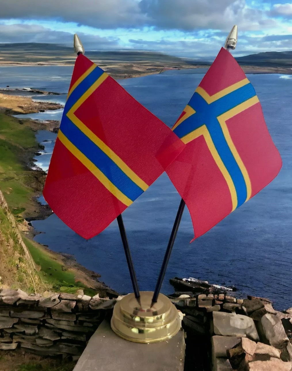 ORKNEY ISLANDS DOUBLE TABLE FLAG SET 2 flags plus BASE 26cm tall