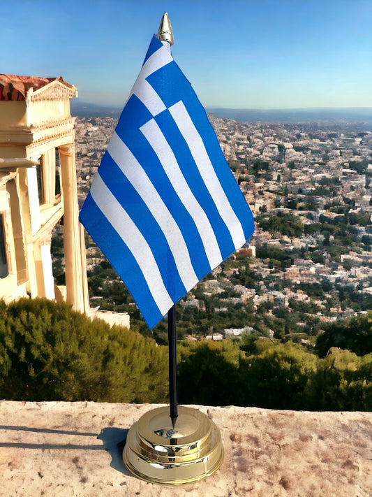 GREECE TABLE FLAG 6"X4" 15cm x 10cm WITH FLAT GOLDEN BASE 25cm tall Greek Athens