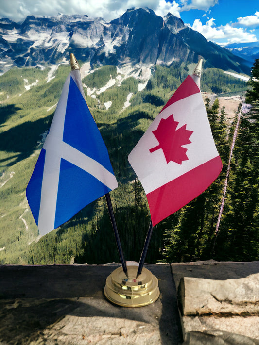 CANADA and SCOTLAND TABLE FLAG SET 2 flags plus BASE 26cm tall
