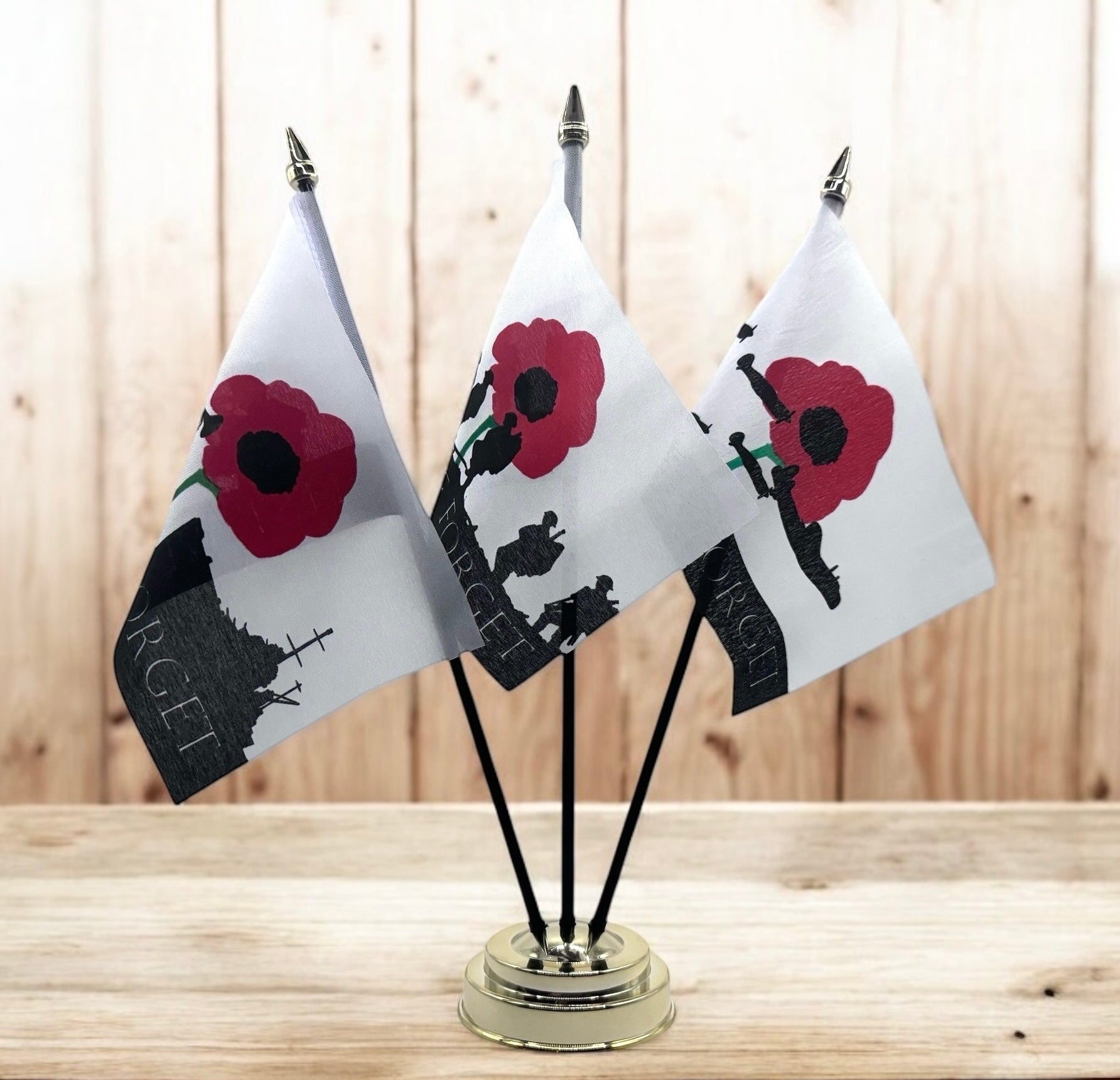 LEST WE FORGET and UNION JACKS TABLE FLAG SET of 3 flags and base