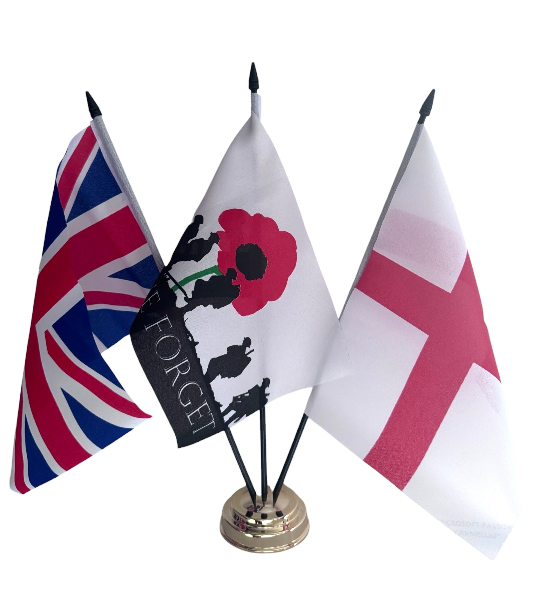 LEST WE FORGET and UNION JACK and ST GEORGE TABLE FLAG SET of 3 flags and base 9x6