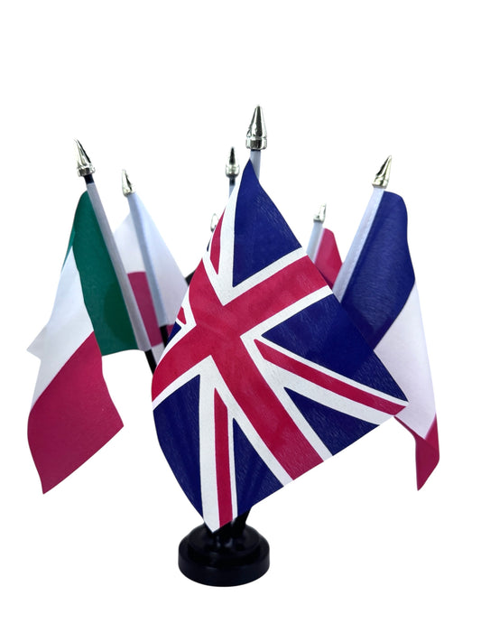 G7 POLITICAL FORUM TABLE FLAG SET - 7 flags & base