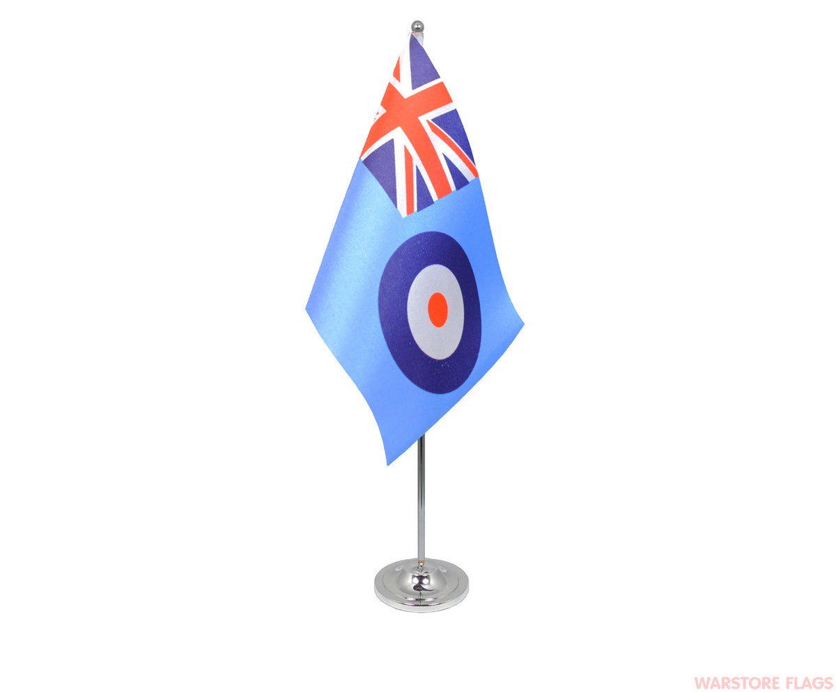 RAF ENSIGN DELUXE SATIN TABLE FLAG 9"X6" CHROME POLE & BASE ROYAL AIR FORCE