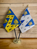 SHROPSHIRE old and new design TABLE FLAG SET 2 flags plus BASE 26cm tall