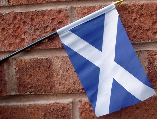 SCOTLAND ST ANDREW HAND WAVING FLAG Small 6" x 4" with black pole SCOTTISH