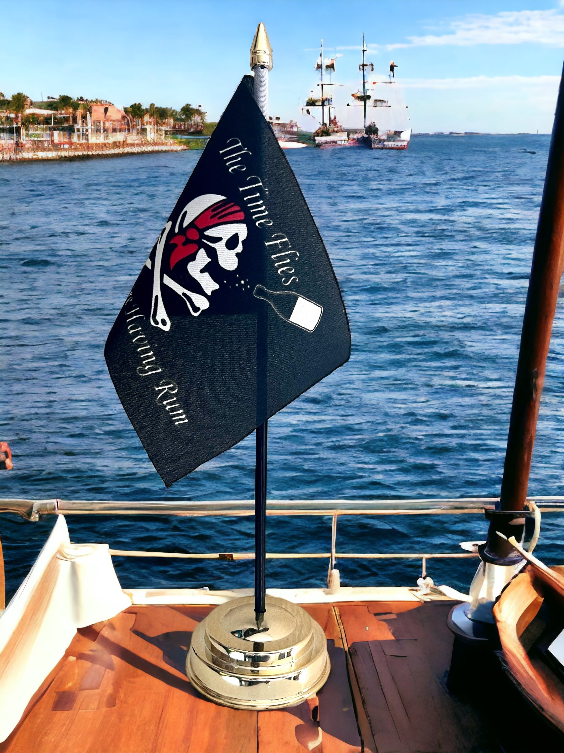 TIME FLIES WHEN YOU'RE HAVING RUM TABLE FLAG 6"X4" 15cm x 10cm WITH BASE