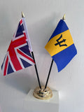 BARBADOS and UNION JACK Twin Flag Set 15cm x 10cm Stands 25cm Caribbean