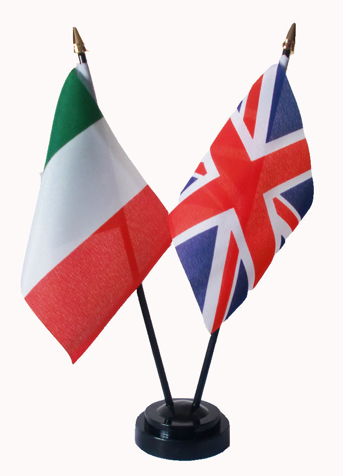 UNION JACK and ITALY TABLE FLAG SET 2 flags plus BASE 26cm tall