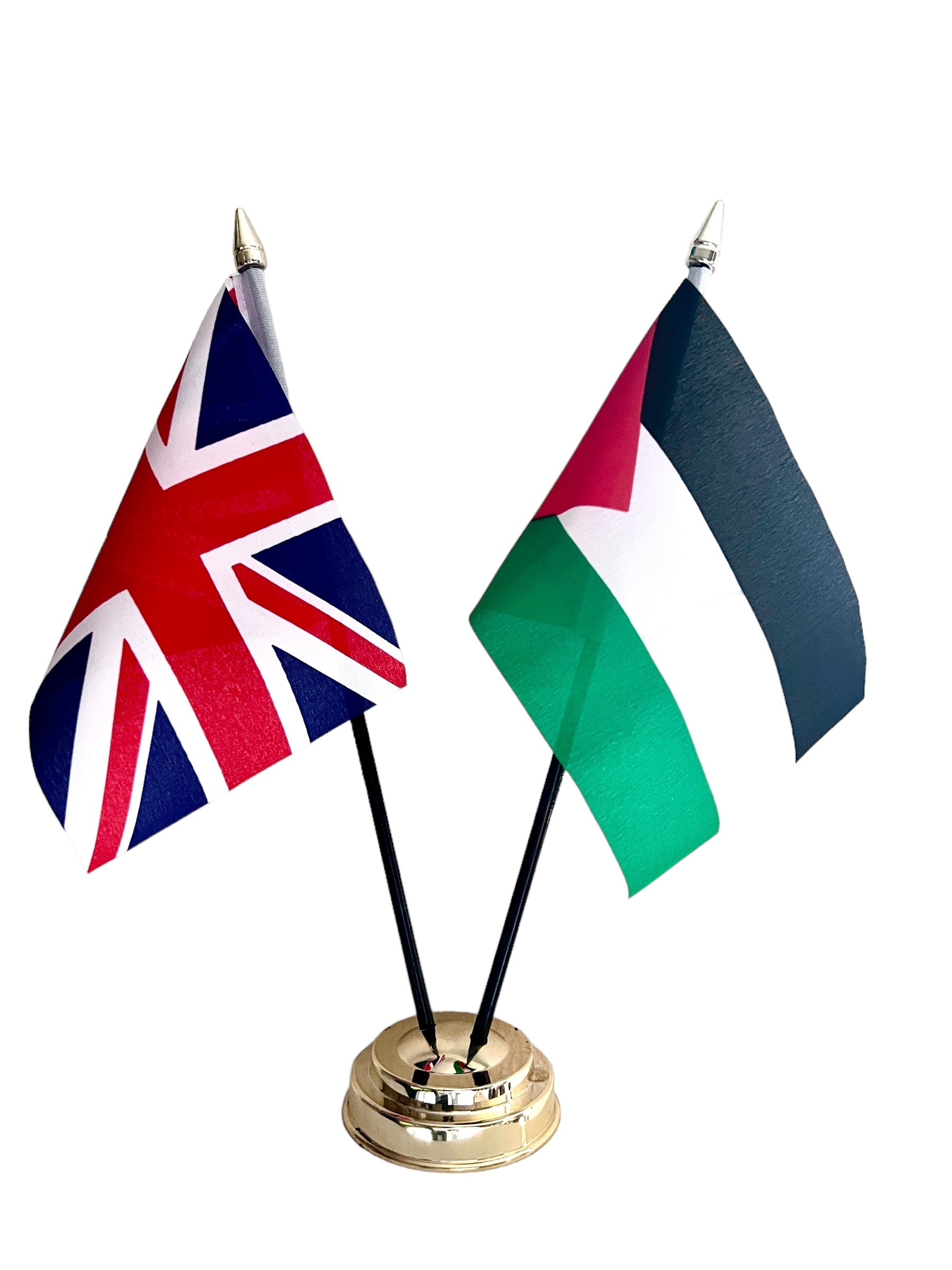 UNION JACK and PALESTINE  TABLE FLAG SET 2 flags plus BASE 26cm tall Gaza