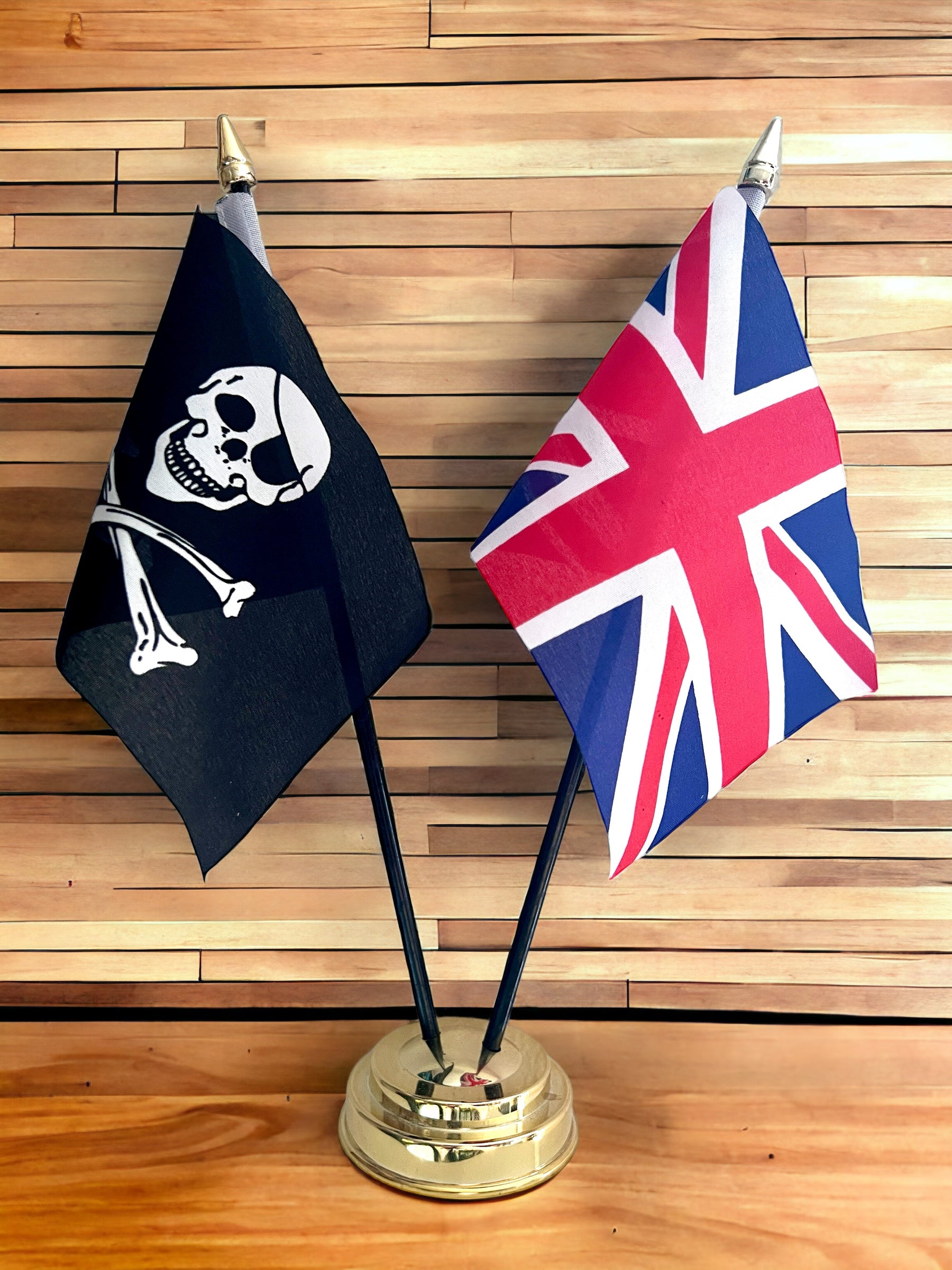 UNION JACK and SKULL AND CROSSBONES TABLE FLAG SET 2 flags plus BASE 26cm tall