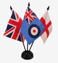 RAF ENSIGN and UNION JACK and ST GEORGE TABLE FLAG SET of 3 flags and base