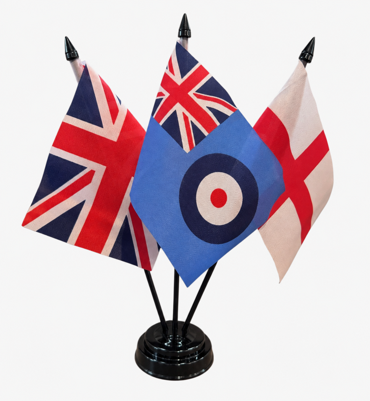 RAF ENSIGN and UNION JACK and ST GEORGE TABLE FLAG SET of 3 flags and base