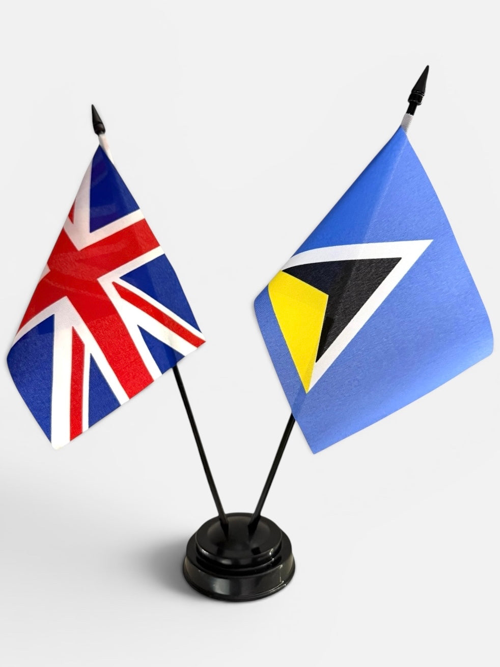 ST LUCIA and UNION JACK Twin Flag Set 15cm x 10cm Stands 25cm Caribbean