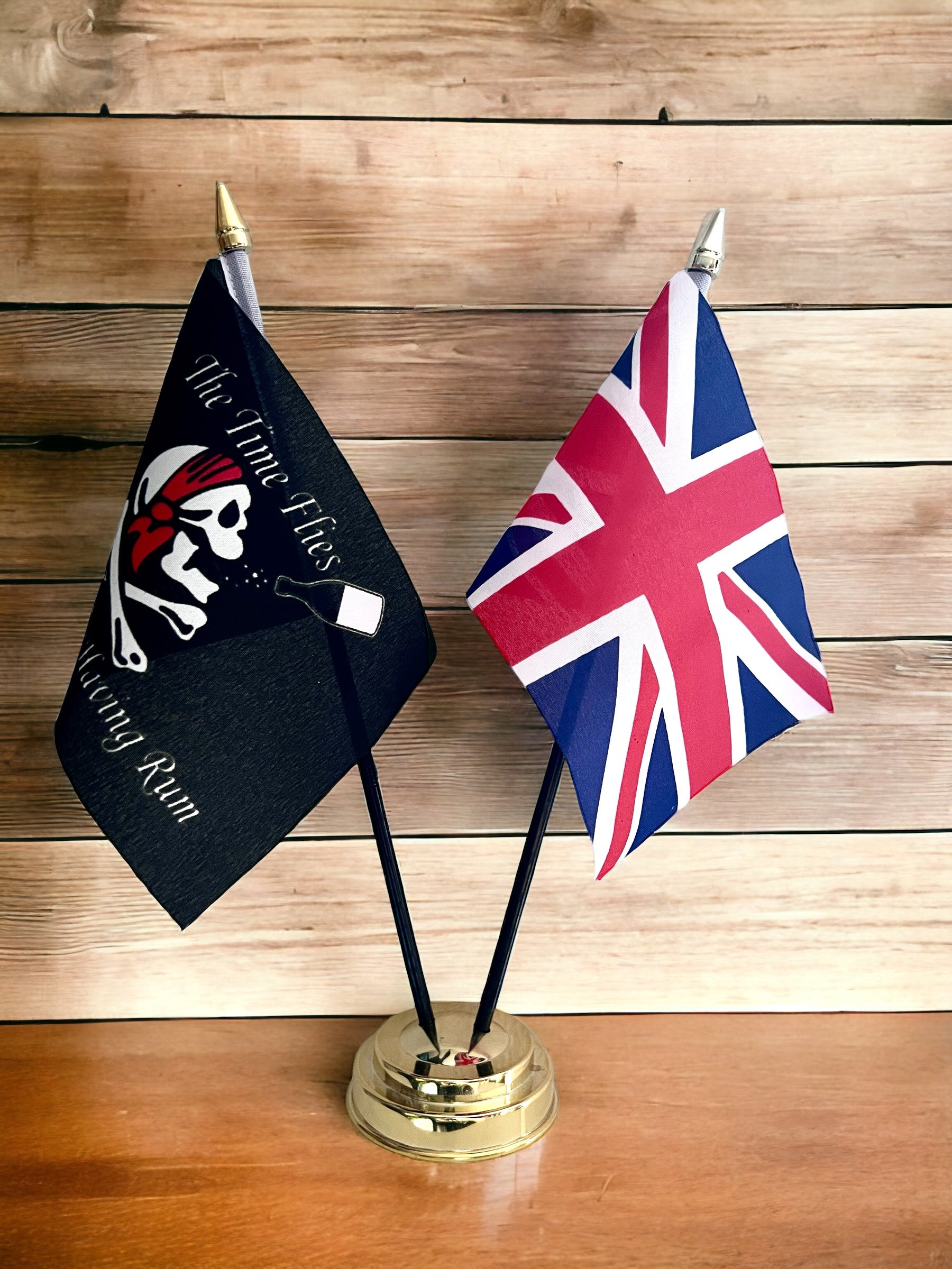TIME FLIES WHEN YOU'RE HAVING RUM and UNION JACK TABLE FLAG SET 2 flags and BASE