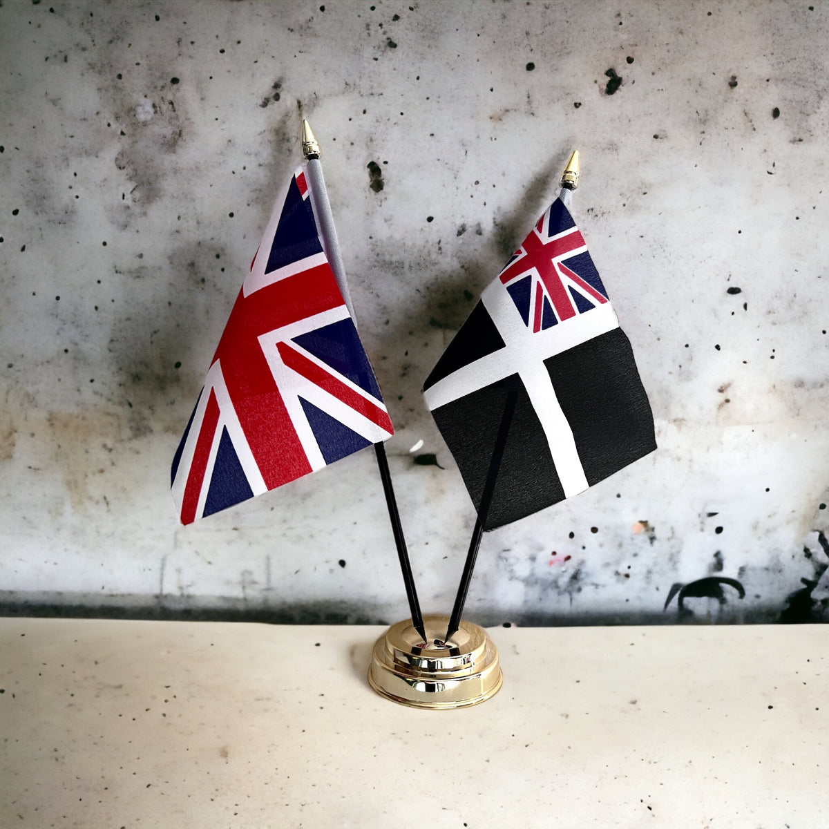 CORNWALL ENSIGN AND UNION JACK TABLE FLAG SET 2 flags plus BASE 26cm tall