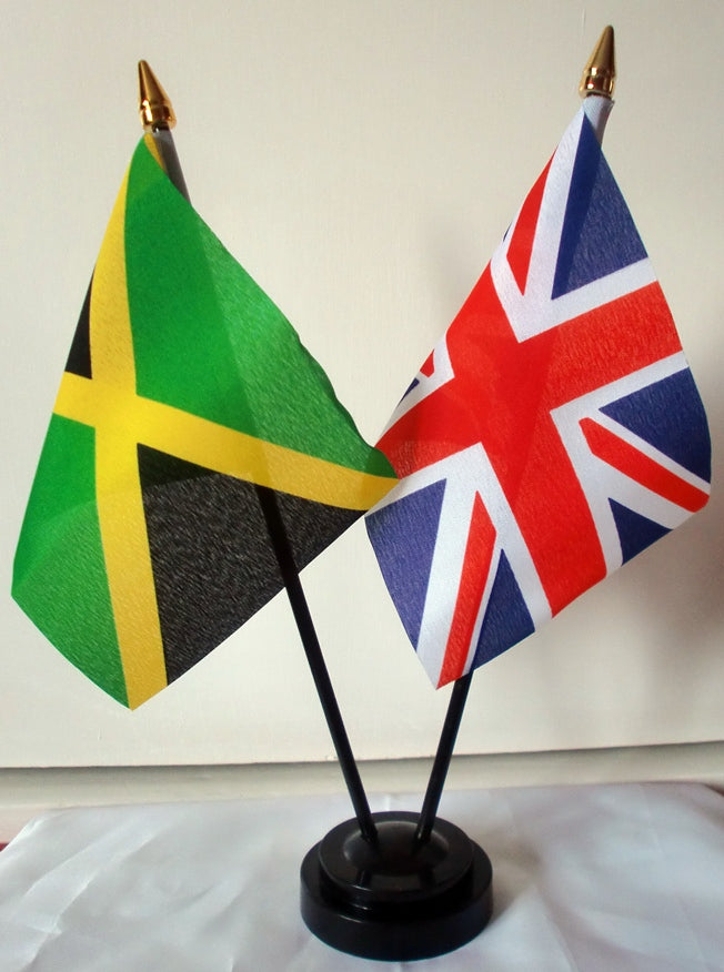 UNION JACK & JAMAICA friendship table flag set WITH flags & base uk jamaican