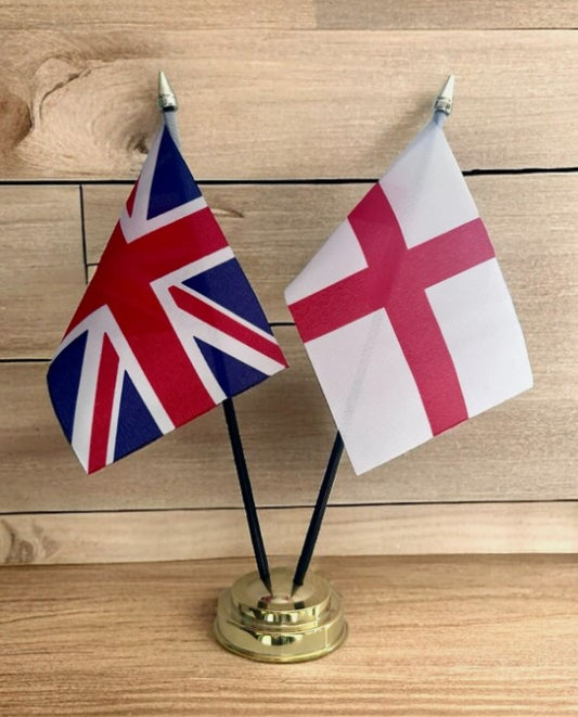 UNION JACK and ST GEORGE ENGLAND friendship table flag set with Golden base