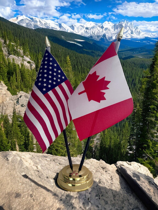 CANADA and U.S.A. USA TABLE FLAG SET 2 flags plus BASE 26cm tall