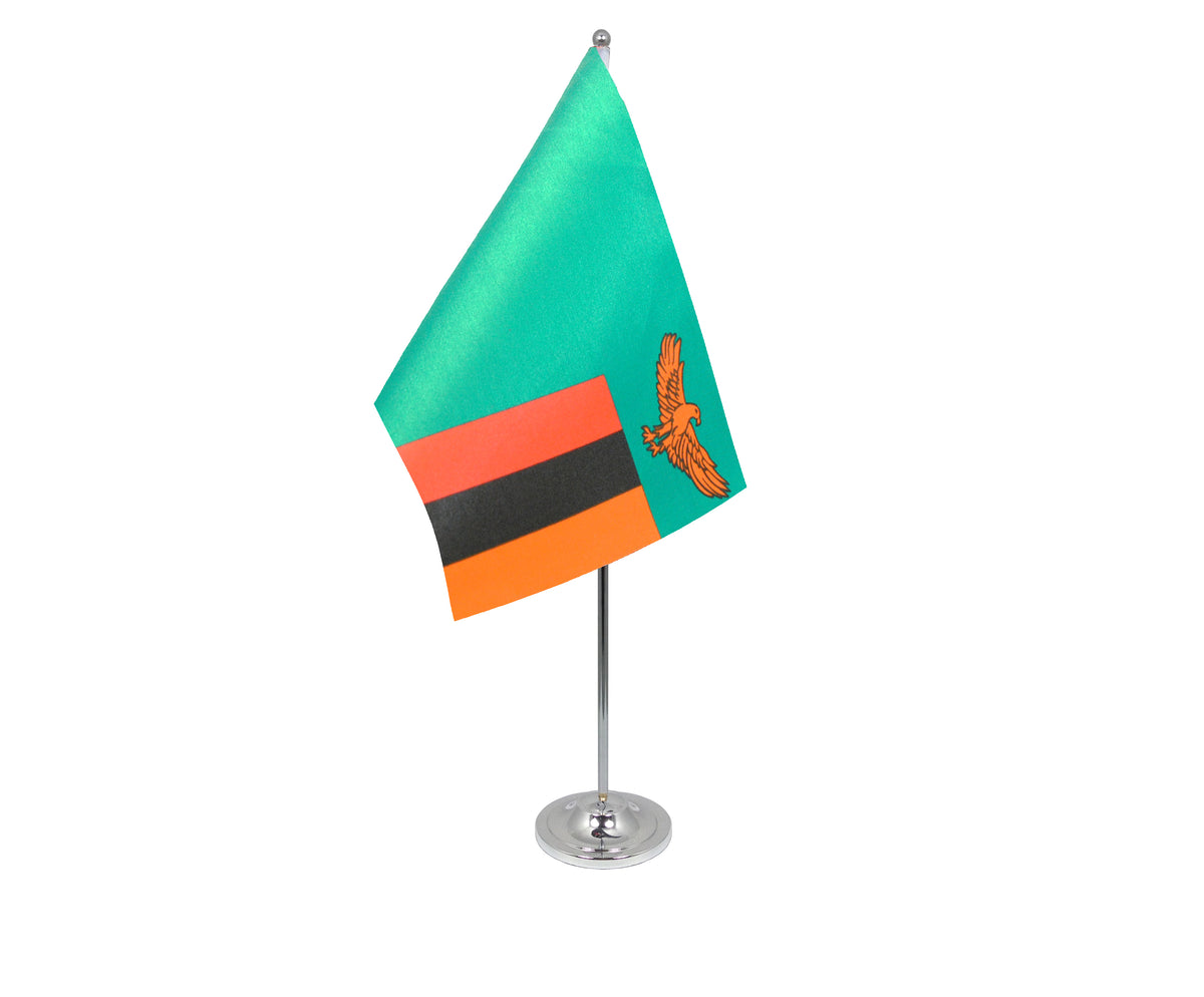 ZAMBIA DELUXE SATIN TABLE FLAG 9"X6" CHROME POLE & BASE Stands 15" ZAMBIAN