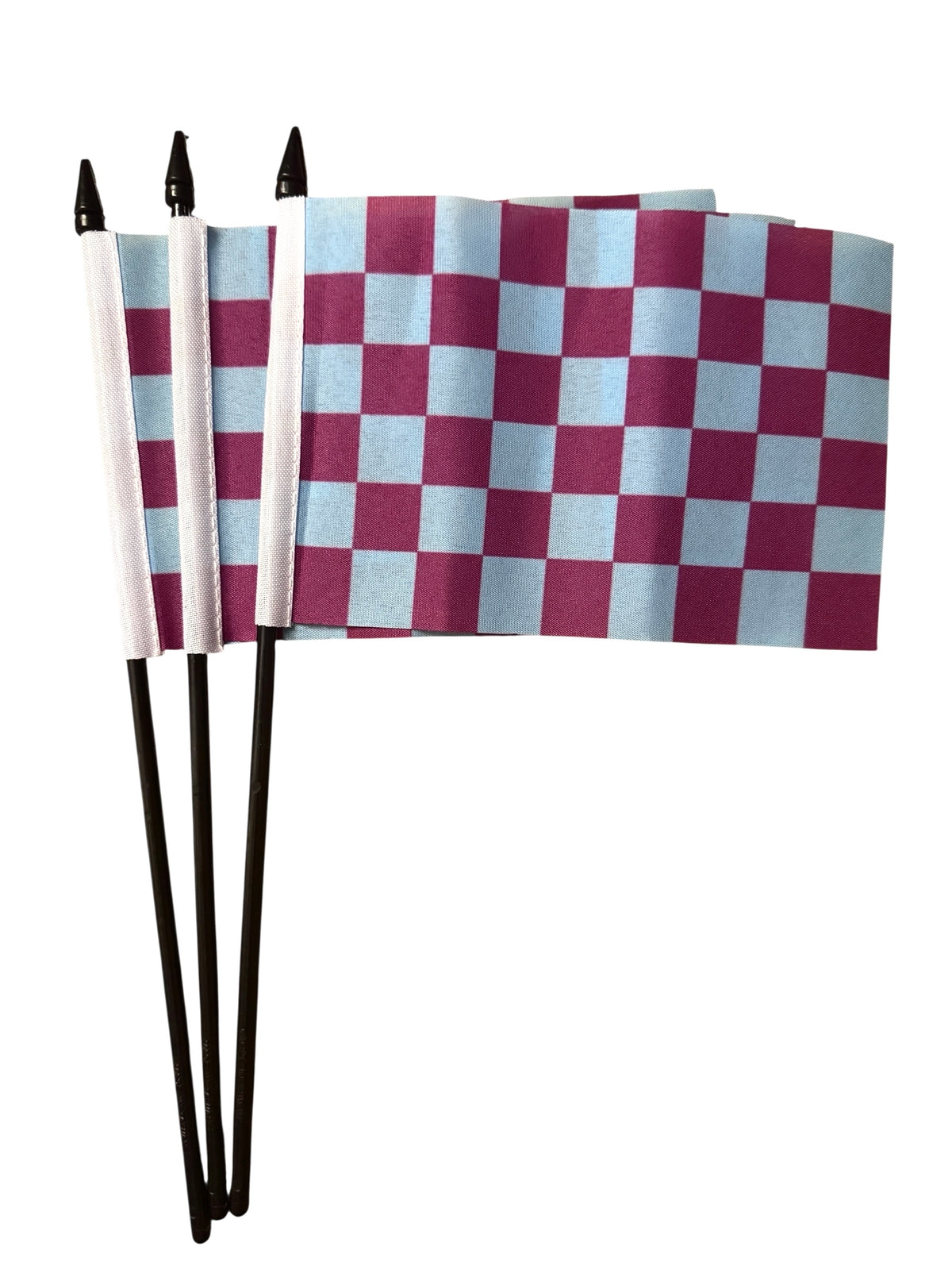 CLARET AND BLUE CHECKERED PACK OF 3 Small Hand Waving FLAGS 6"X4" flags SPORTS