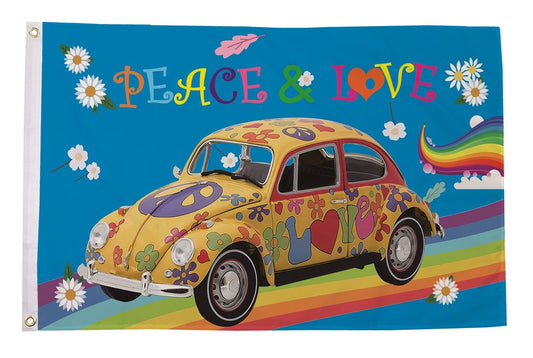 PEACE AND LOVE RAINBOW CAR 5x3 feet FLAG 150cm x 90cm